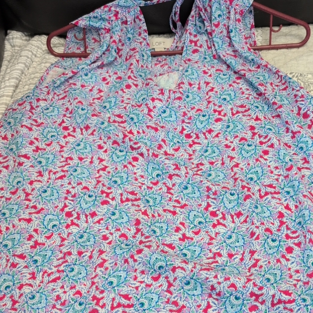 LOFT Vibrant Pink and Blue Patterned Tank Top